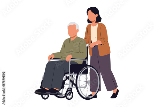 Caregiver pushing senior man in wheelchair, support and assistance illustration