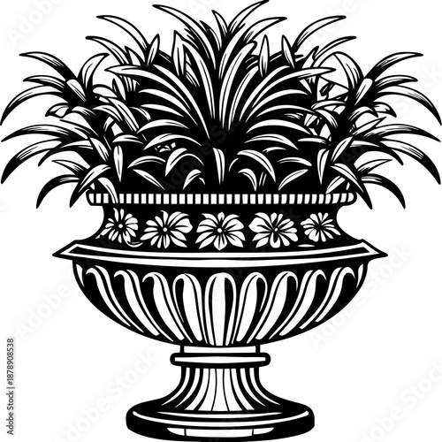 Ornate black and white floral urn