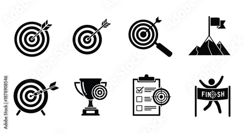 Black and white icons depicting targets achievement and reaching the finish line