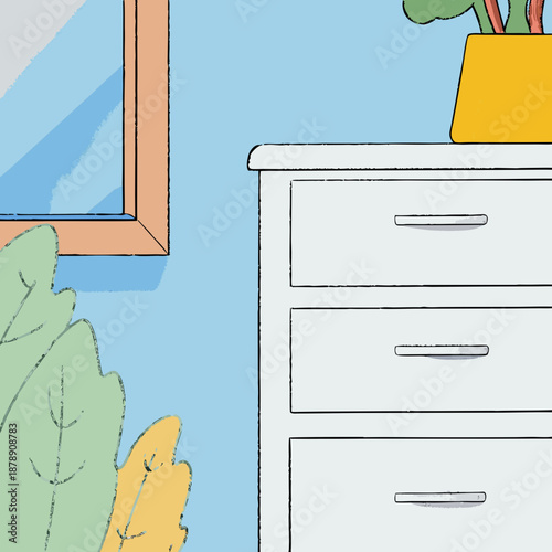 Cozy indoor scene with plants and dresser