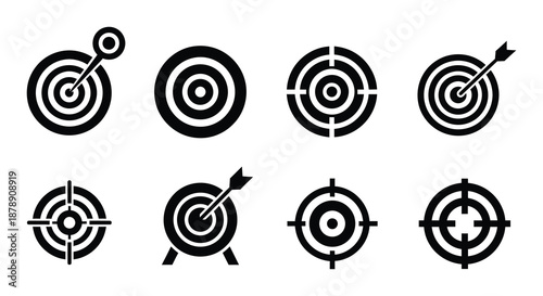 Black and white icons depicting targets achievement and reaching the finish line