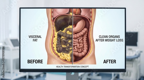 A screen presents a detailed comparison of the human abdominal anatomy, displaying visceral fat before weight loss and clean organs afterward.