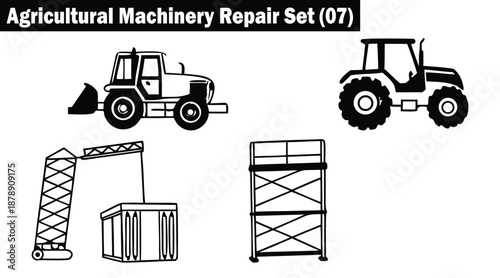 Agricultural machinery repair set, tractor, loader crane, and scaffold for workshop illustration vector illustration.