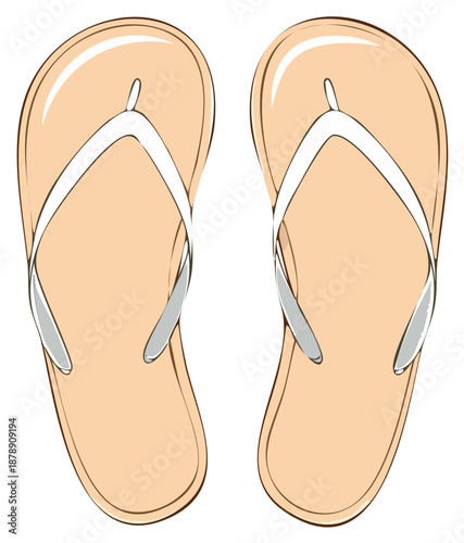 Illustrated pair of simple tan and white flip flop sandals for summer vacation or beach theme