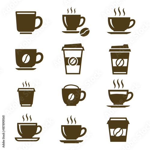 Set of brown coffee cup and to-go cup with steam and coffee beans