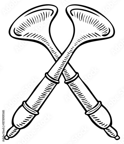 Two Crossed Hunting Horns in Black and White Illustration