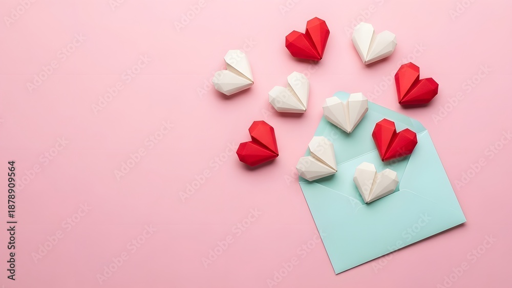 Fototapeta premium A scattering of red and white hearts on a pastel pink background with a blue note for valentines day designs