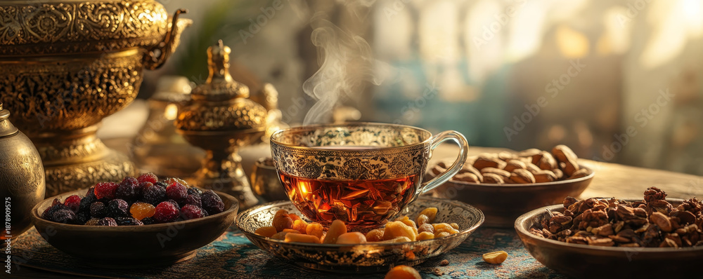 Obraz premium Elegant Arabic Tea with Nuts and Dried Fruits