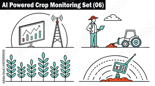 Modern farm AI analysis with farmer drone and sensor data visuals vector illustration.