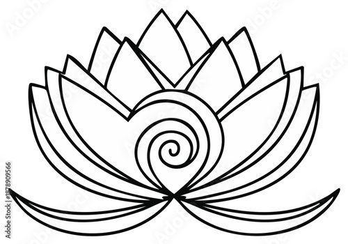 Line art illustration of a Lotus Flower with a curled center, a delicate nature-inspired design, isolated on white background