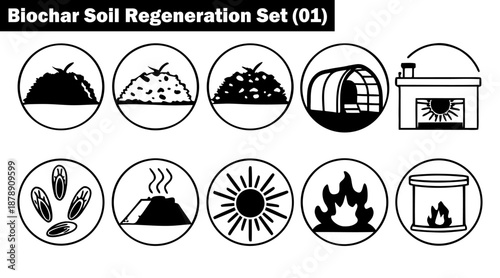 Biochar soil regeneration set zero one organic matter pyrolysis process icons vector illustration.
