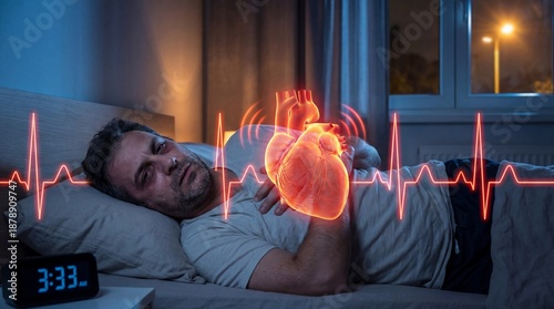 A man experiences heart palpitations and insomnia, with a visualization of the heart rhythm, capturing the essence of health issues.