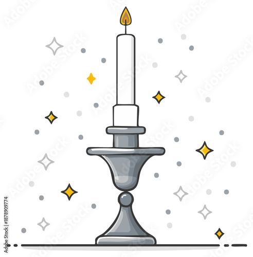 Candle Burning in Silver Candelabrum surrounded by Sparkling Star Elements