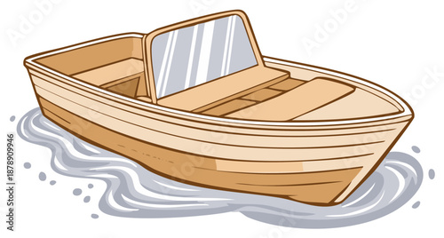 Brown recreational motorboat cartoon on water with stylized ripples