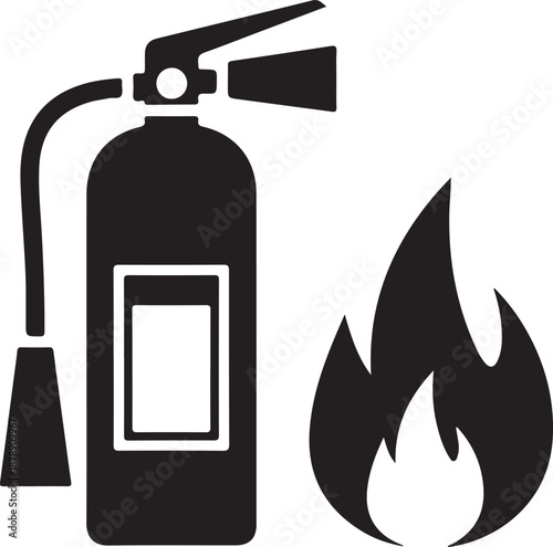 Black and white fire extinguisher and flame safety