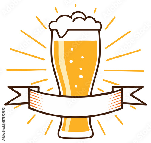 Beer glass vector with banner for text, cold beverage with bubbles in tall glass