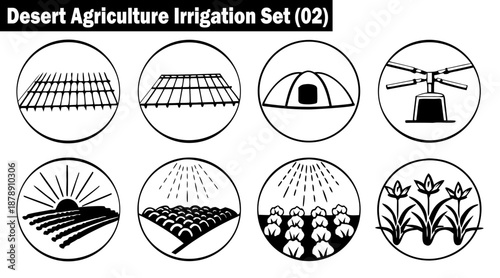 Desert agriculture irrigation set icons for dry land farming solutions vector illustration.