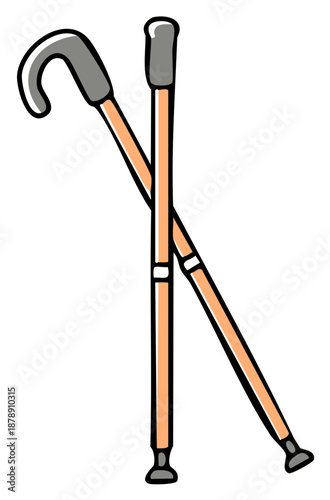 Cartoon illustration of two walking aids crossed a hooked cane and a straight stick providing mobility support