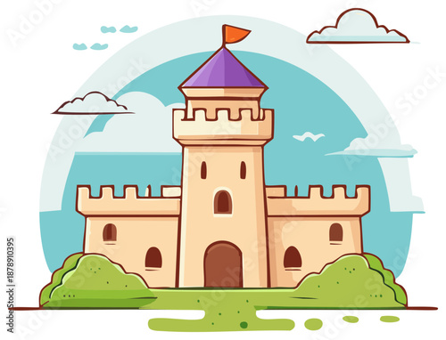 Whimsical cartoon castle illustration with turrets, flag, grass, and bright sky for storybook scenes or fantasy artwork.