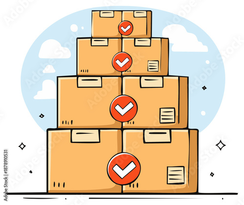 Stacked Shipping Boxes with Check Marks Illustration Showing Order Fulfillment