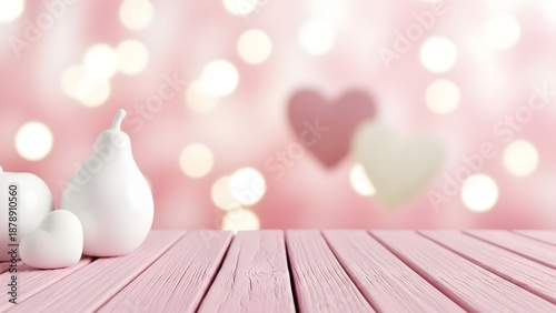 A pink wooden table with white pears and a pink heart in the background