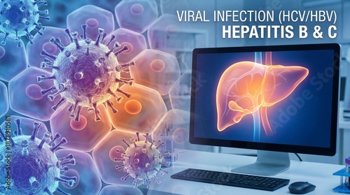 A visually compelling medical illustration which explains of hepatitis B and C and the viral infection. The screen shows the image of liver infection.