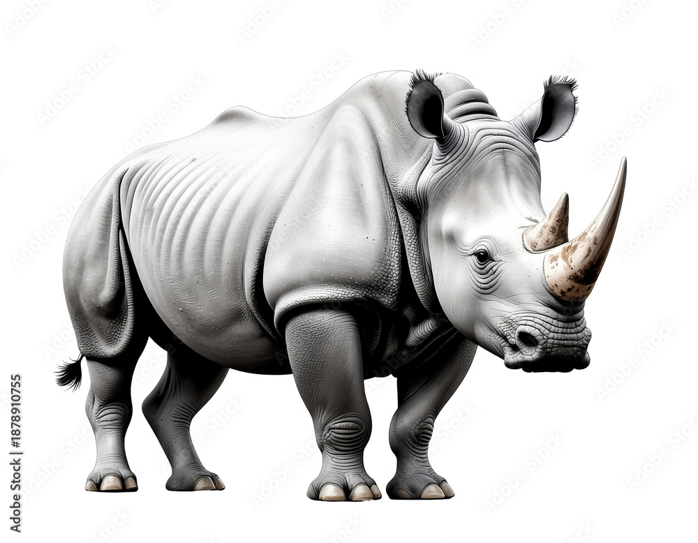 Fototapeta premium White rhinoceros standing on white background showcasing textured skin and prominent horn