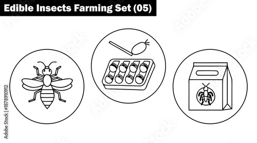 Edible insects farming set line art icons collection vector illustration.