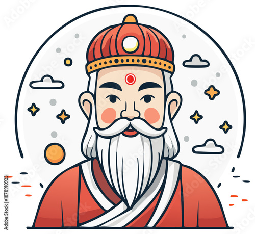 Cartoon Guru Character with Beard Wearing Red Hat and Robe with Moon and Stars