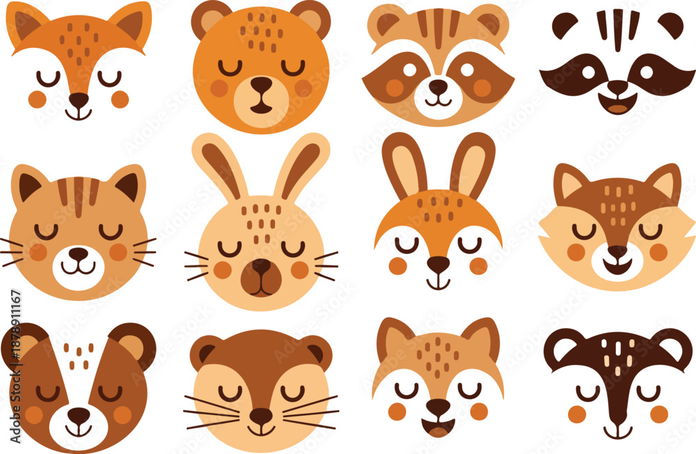 Fototapeta premium Cute Wild Animal Face Icon Set Smiling Forest Creatures