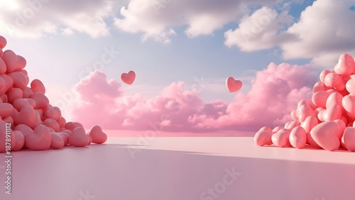 Pink heart balloons and clouds on blue sky background with fluffy white clouds