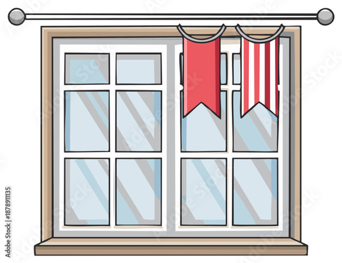 Quirky cartoon window with decorative red and striped valances and curtain rod