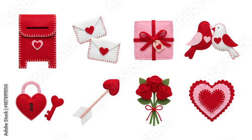 Valentine's Day felt craft set including mailbox, envelopes, gift, lovebirds, lock, key, arrow, roses, and layered heart. Romantic handmade textile collection.