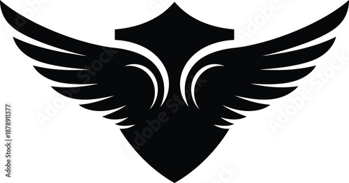 Black shield with stylized wings emblem design. Vector illustration