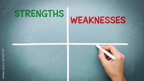 Business strategy planning involves drawing a clear swot analysis matrix on a blue background to evaluate internal and external factors effectively
