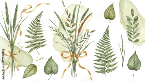 Watercolor floral illustration set   grasses, ferns and leaves for your own design. Gold ribbons and splashes. Wedding stationery, greeting cards, wallpaper or background.