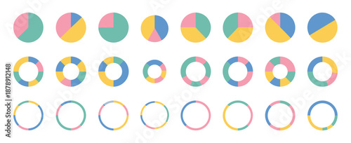 Pie charts diagrams with different color circles isolated, round infographic elements, clean vector illustration in eps 10 format.