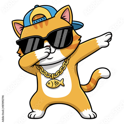 A cute cartoon cat doing a dabbing dance, wearing sunglasses, a hat, and a gold necklace.