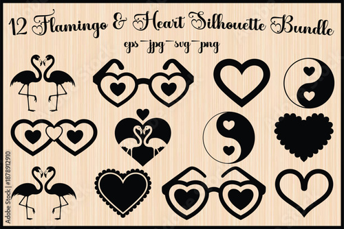 Elegant flamingo and heart silhouette bundle: a collection of 12 unique designs Vector, illustration