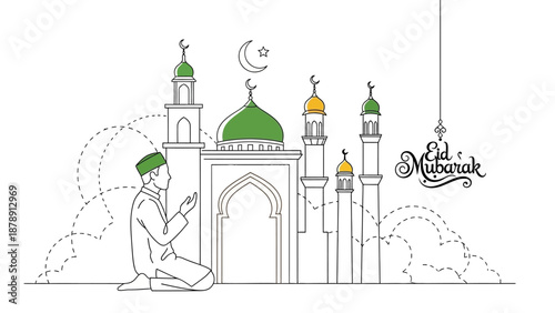 Man Praying Outside Mosque at Night Under Crescent Moon Illustration