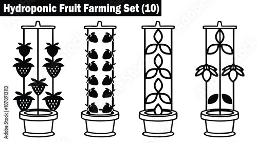 Hydroponic fruit farming set ten black silhouette vector illustration Vector Illustration.
