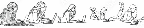 line art of a woman lying on the floor with a laptop