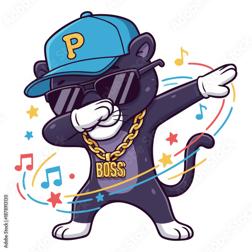 An appealing animated Panther doing a dab, fashionably dressed in shades, a cap, and a gold necklace.