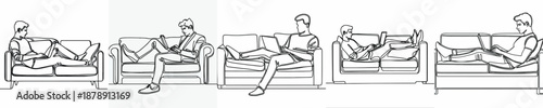 line art of a man relaxing on a sofa with a laptop