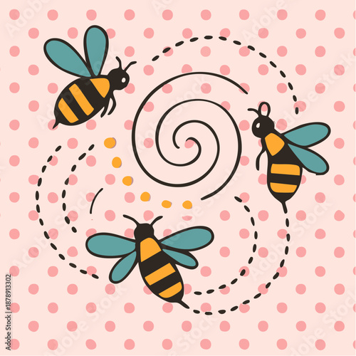 bee ballet: striped wings spiral through pink polka skies in a dance of cheerful motion