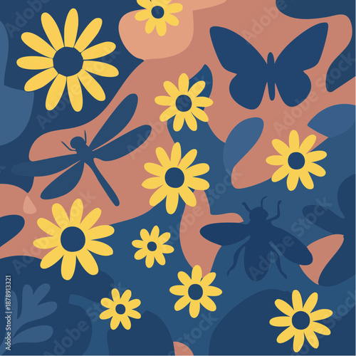 spring silhouettes: bees, blooms, and wings drift through terracotta skies in a dance of nature’s bold simplicity