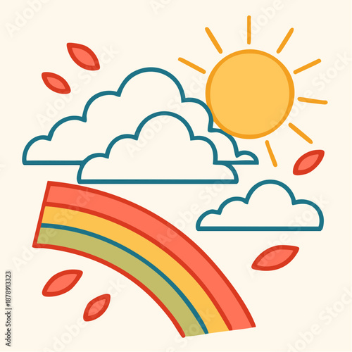 sunburst harmony: rainbow arcs and drifting leaves brighten a cream sky with cheerful weather whimsy