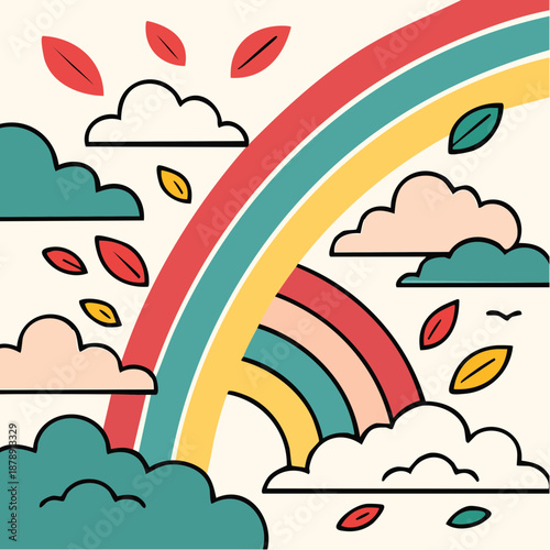 rainbow drift: clouds and leaves swirl beneath bold arcs in a sky of playful calm