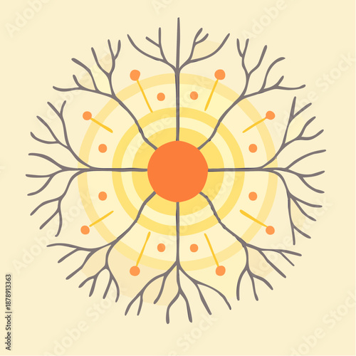 neural bloom: orange soma radiates through yellow rings as dendrites branch in symmetrical signal