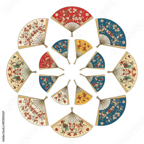 Assortment of Floral Patterned Folding Fans in a Circular Arrangement